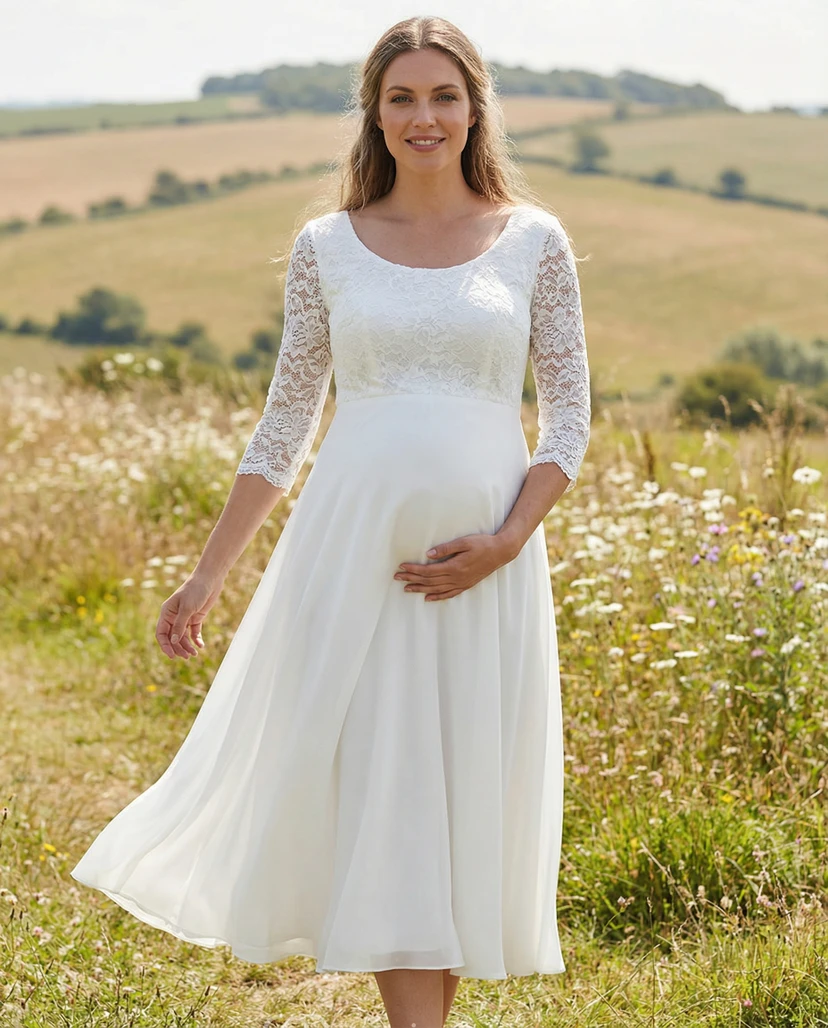 Robe de mariée de maternité en dentelle à col rond, manches trois-quarts et jupe en mousseline