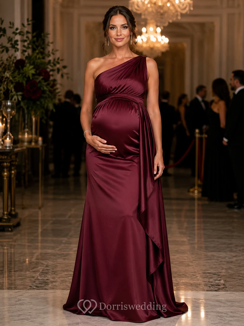 Maternity Sheath Satin Maternity Dress with One-Shoulder, Sleeveless and Drape Split Front, Floor Length