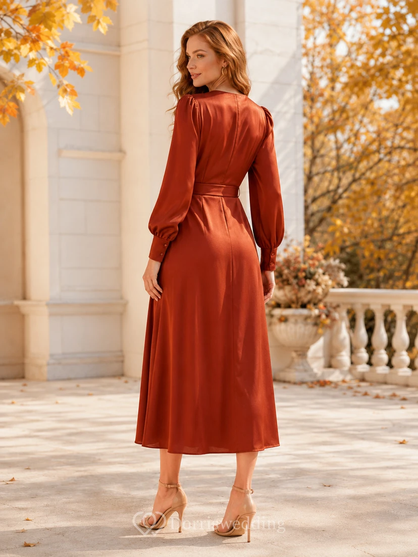 Papaya Satin V-neck Wrap Long Sleeve Cocktail Dress view 2