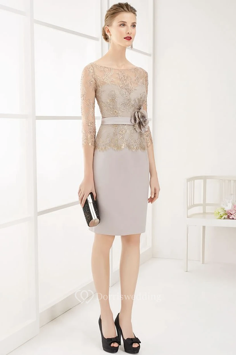 Pencil Half-Sleeve Scoop-Neck Midi Floral Satin&Lace Prom Dress With Ribbon