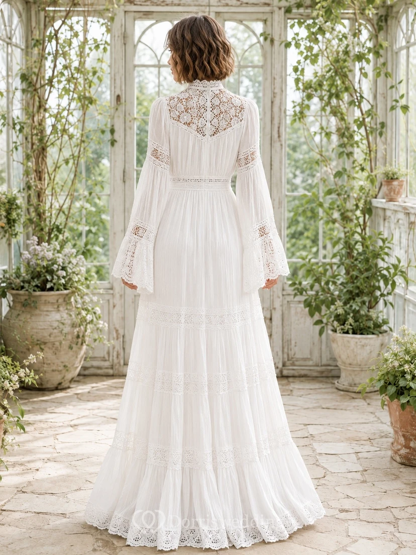 White High Neck Bell Sleeve Lace Chiffon Boho Maxi Dress view 2