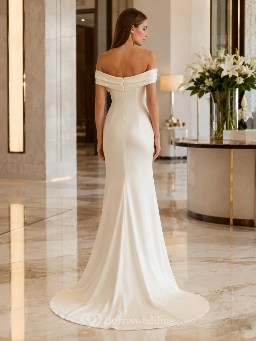 Robe de mariée sirène élégante en satin à épaules dénudées et traîne pour réception view 2