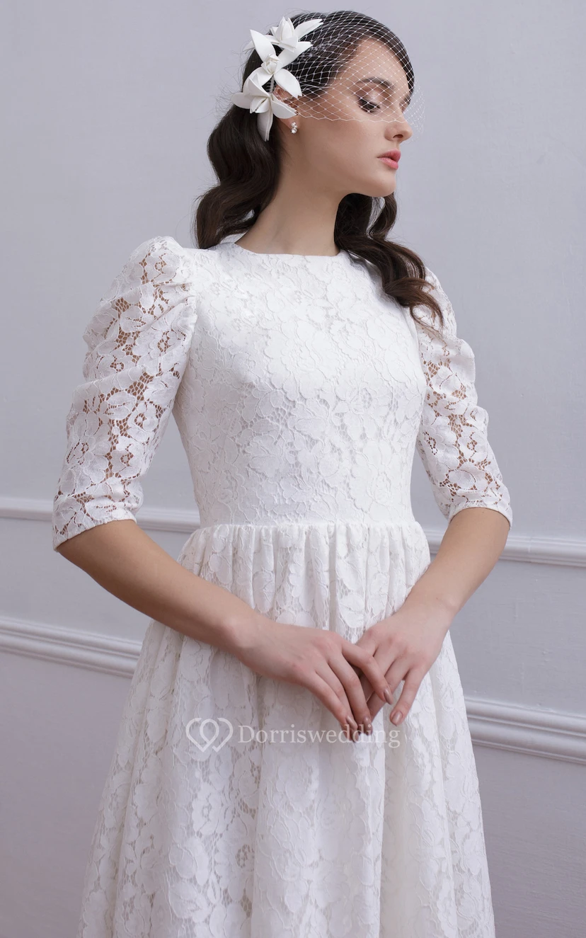 Vintage-Hochzeitskleid in A-Linie mit halben Ärmeln, Teelänge und Spitze, mit Raffungen view 3