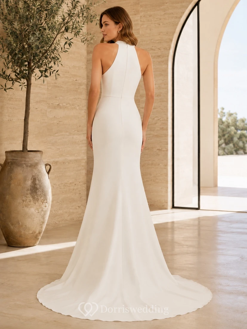 Simple High Neck Halter Stretch Satin Mermaid Sweep Train Modern Mariage Wedding Dress view 2