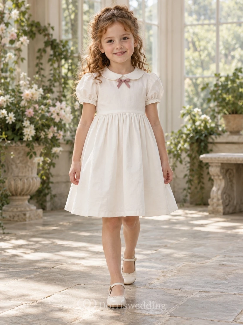 Vintage Modest White Knee Length Broad Collar Pointed Bow Puff Sleeve Flower Girl Dress view 2