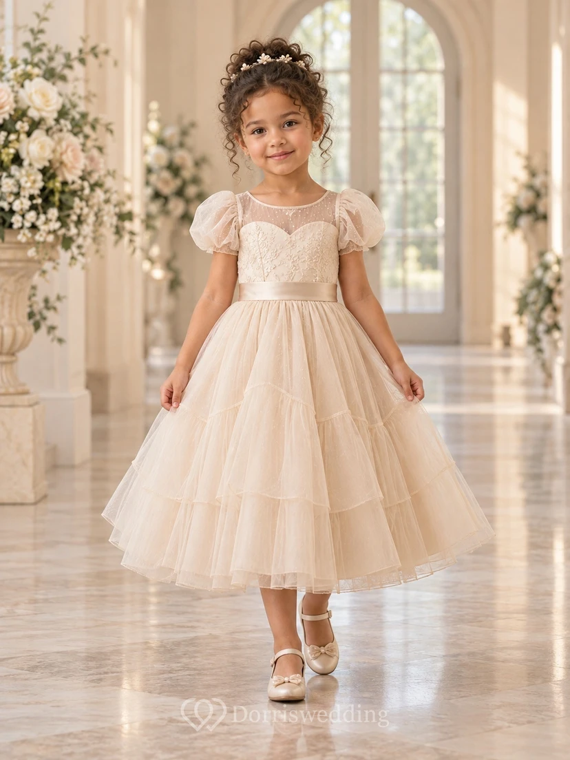 Teelanges champagnerfarbenes A-Linien-Kleid aus Spitze und Tüll mit Puffärmeln und Illusion-Stufen