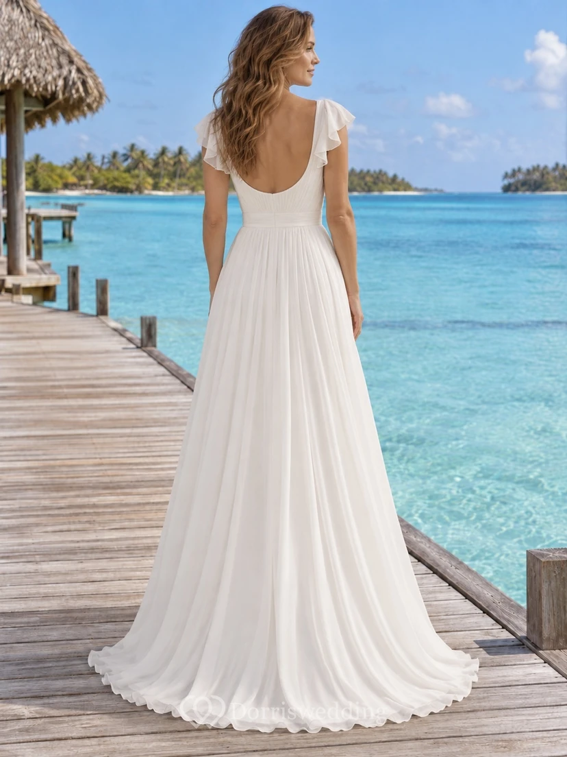 Einfaches, fließendes A-Linien-Brautkleid mit herzförmigem Ausschnitt und kurzen Ärmeln für den Strand. view 2