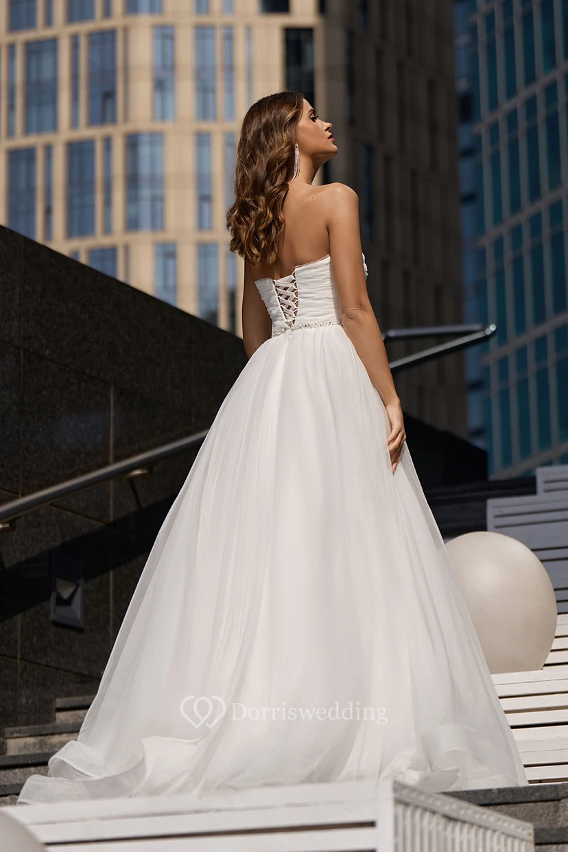 Sweetheart Criss-cross Ruched A-line Tulle Wedding Dress with Beaded Waist view 2