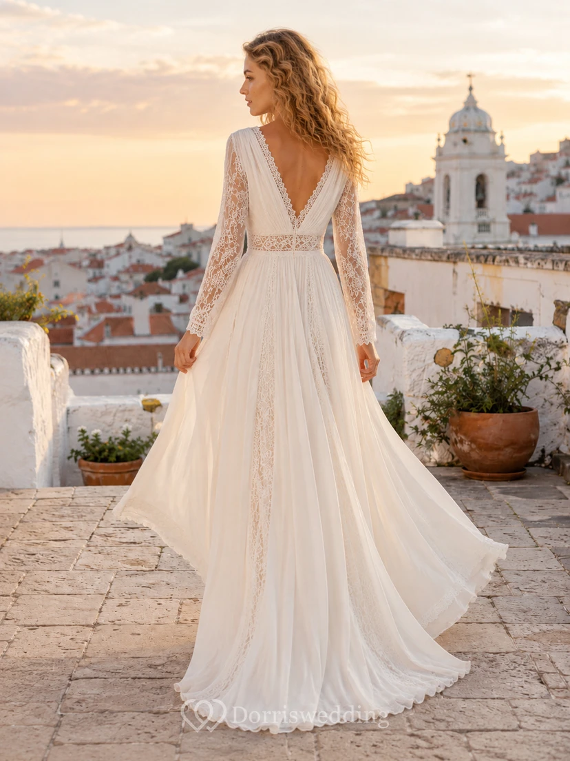 Robe de mariée bohème en mousseline de soie à col en V profond et manches longues, coupe trapèze, style bohème, décolleté en V profond, dentelle et dentelle. view 2