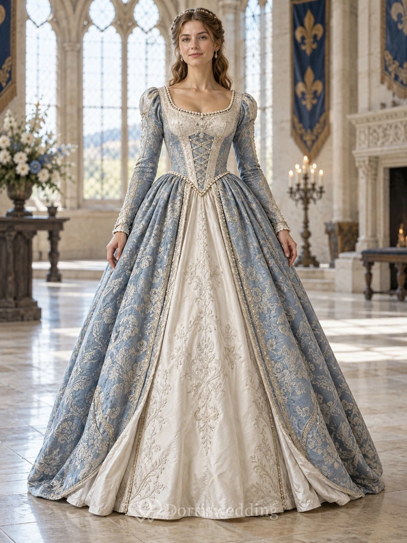 Robe de bal médiévale à manches longues en brocart bleu acier avec corset