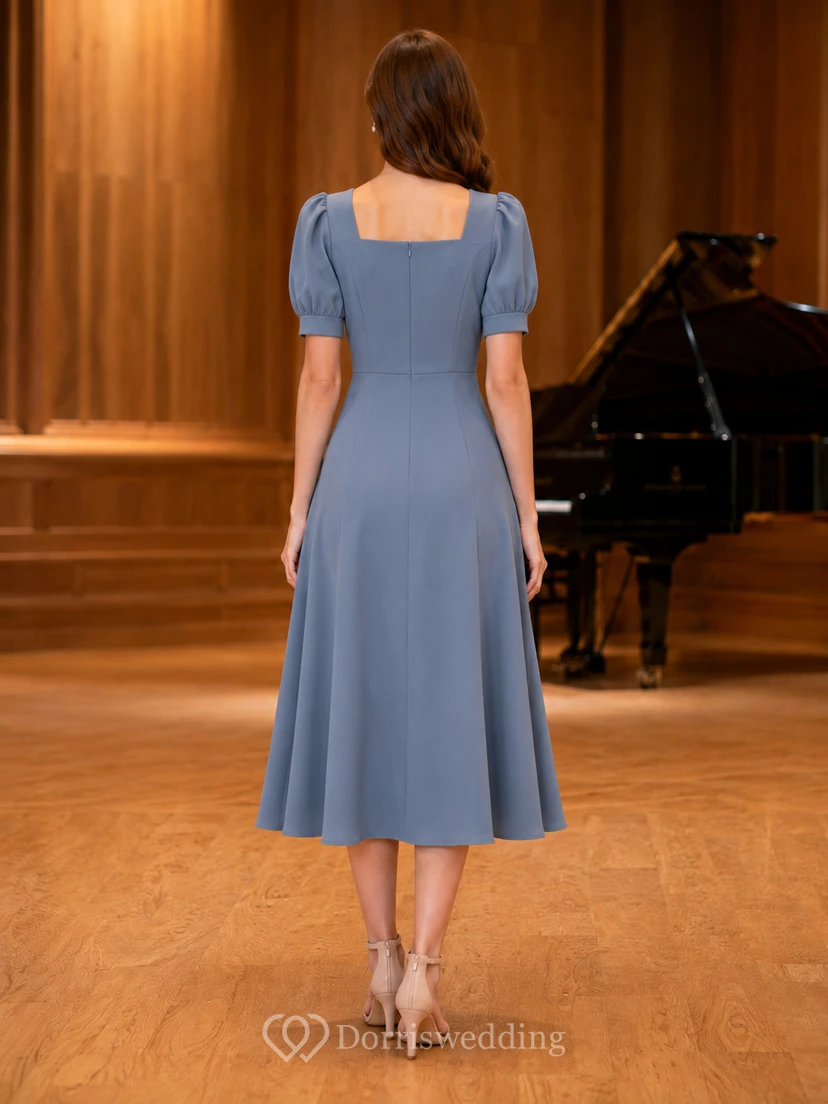 Dusty blue square neck puff sleeve recital midi dress view 2