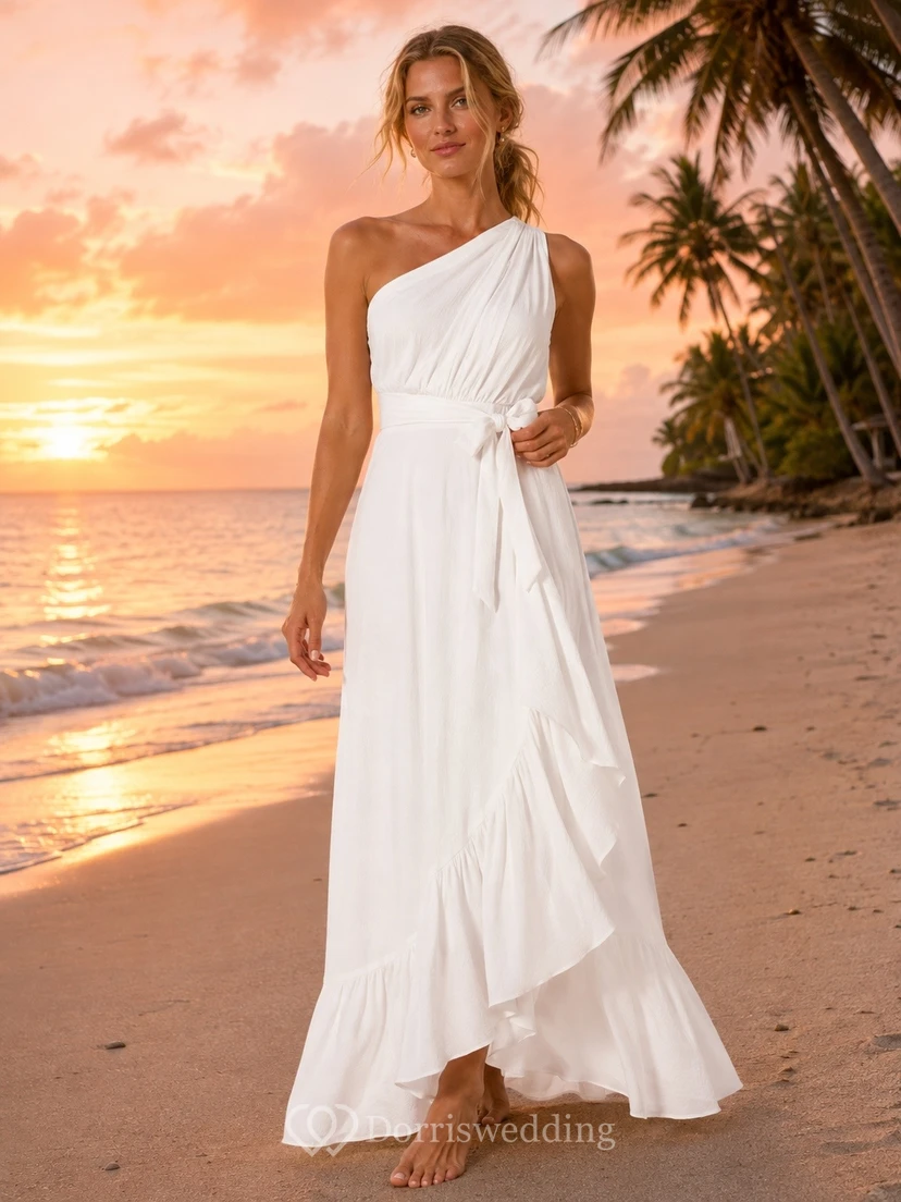 High-low Simple Beach One-shoulder Summer A-line Ruffled Dress