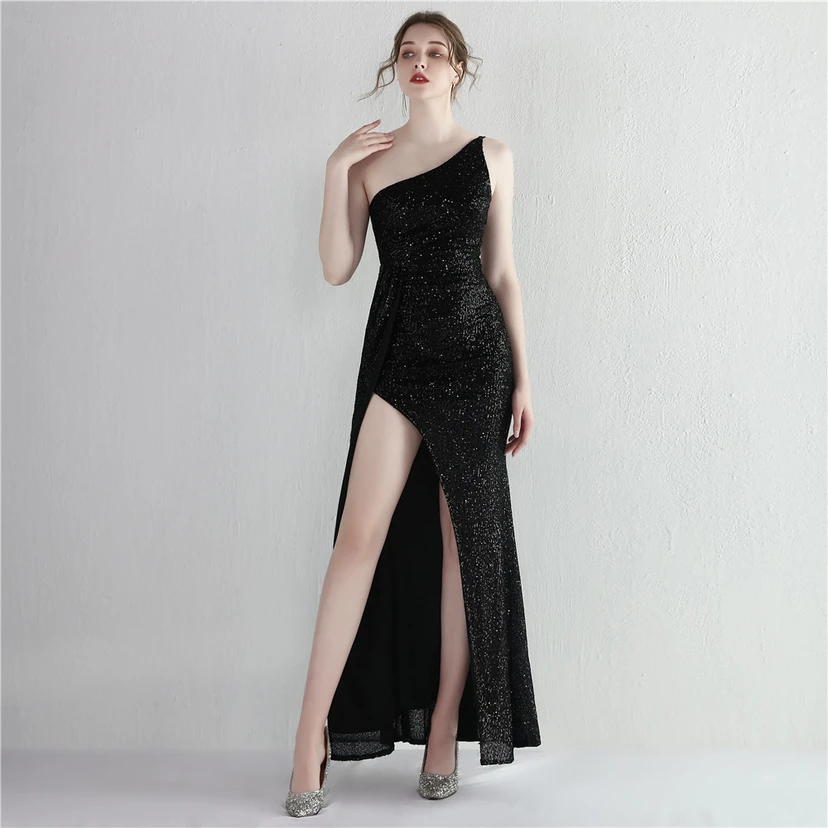 Sequined One-Shoulder Celebrity Cold Banquet Slit Long Sequin Aura Queen Dinner Fishtail Dress view 90