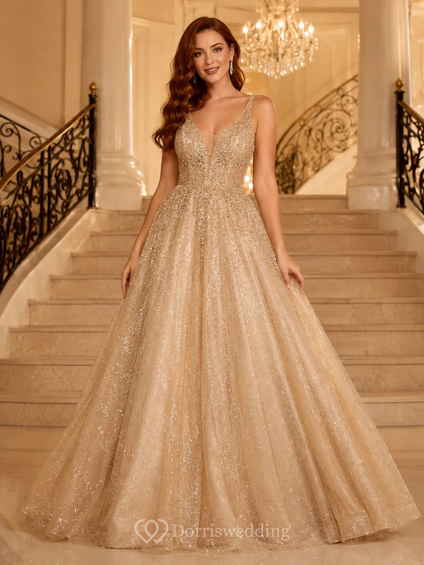 Champagne Beaded Sleeveless Sparkle Tulle Ball Gown Dress