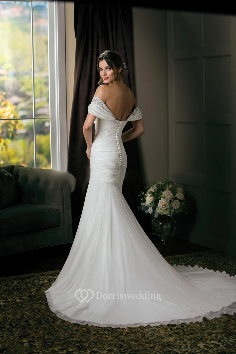Off-The-Shoulder Trumpet Mermaid Wedding Dress With Ruches And Crystals view 2