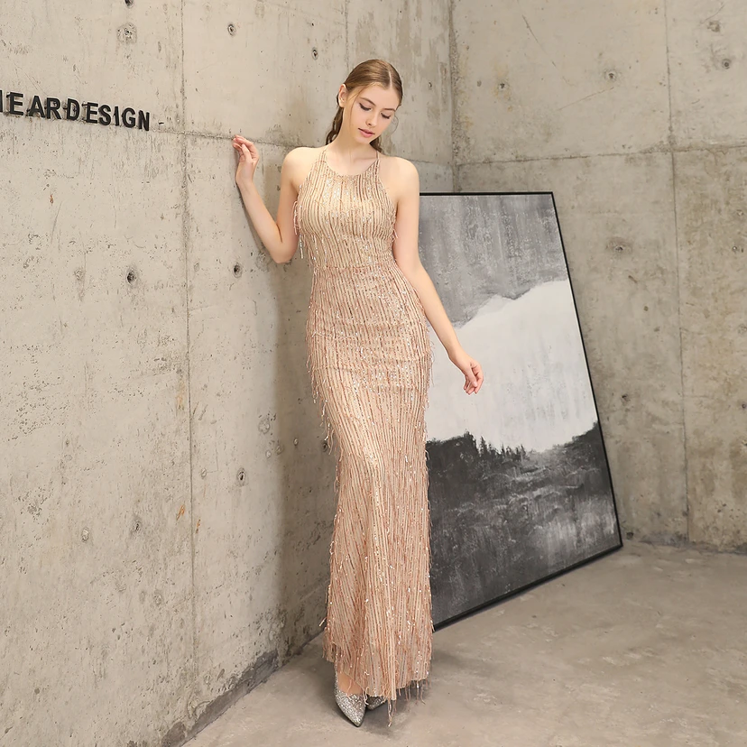 Vestido de noche elegante con borla de hilo de seda de poliéster y lentejuelas estilo cola de pez para banquetes, reuniones y eventos. Ideal para anfitriones. Modelo de coche. Otoño. view 30