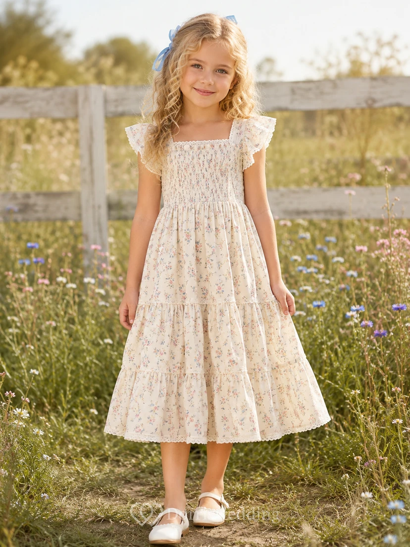 Vintage Casual Country Floral Print Ruffle Sleeve Cotton Flower Girl Tea-Length Garden Dress