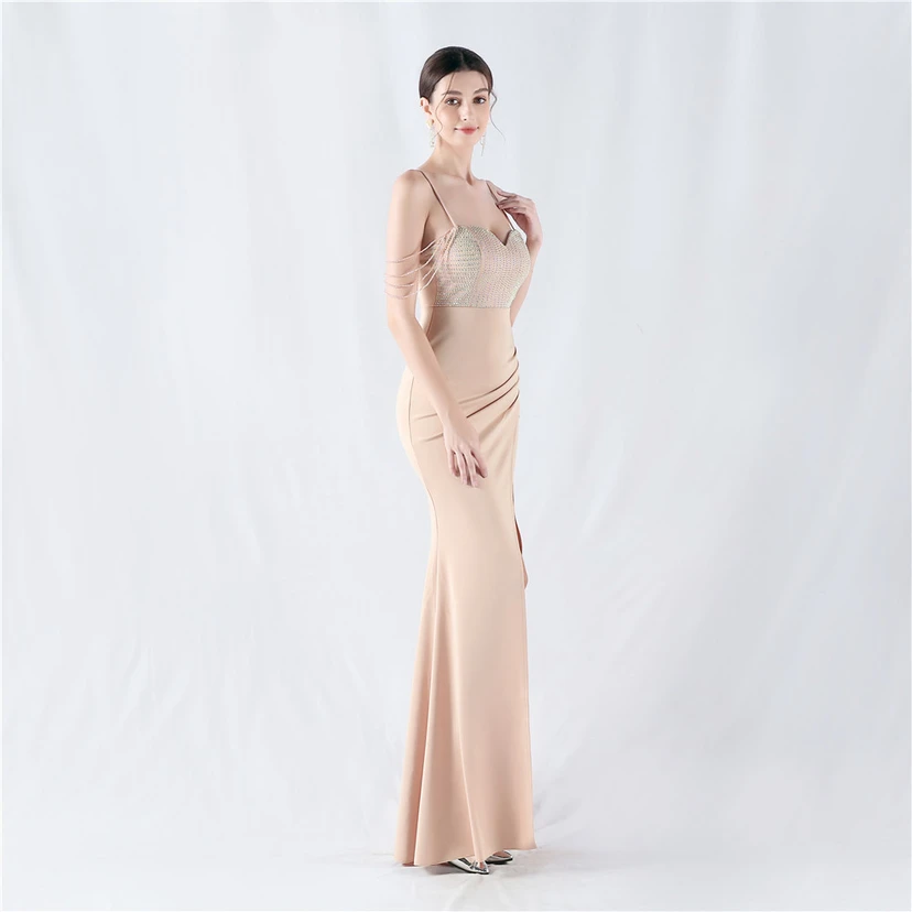 Hot Diamond Beaded High-Slit Satin Sexy Sling Evening Dress view 24
