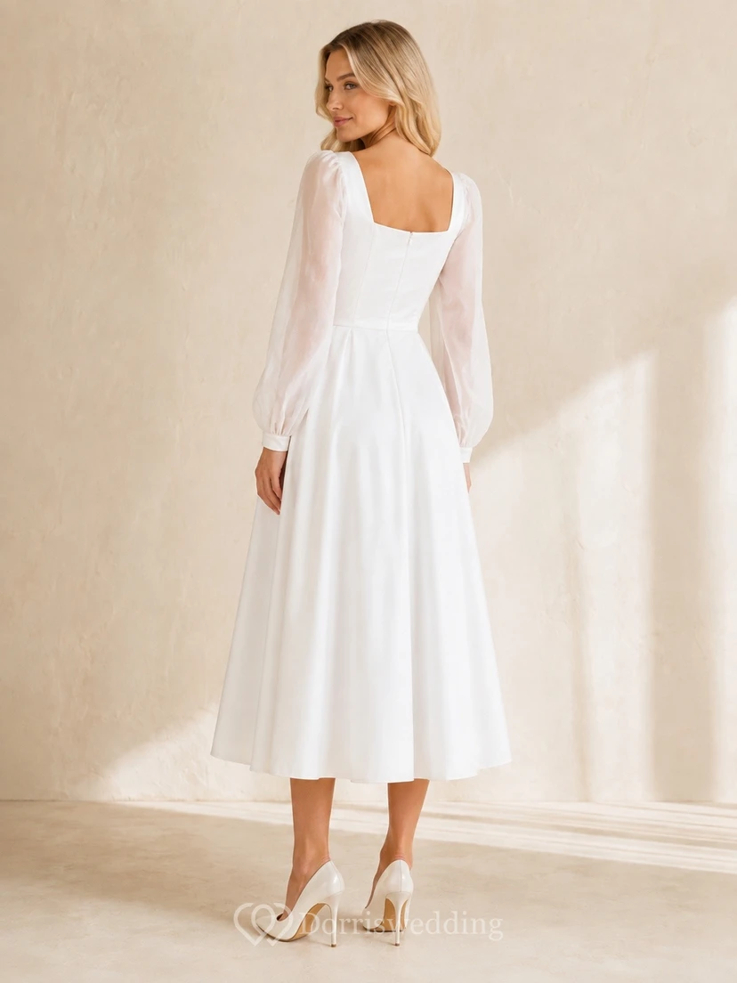 Langärmeliges, schlichtes weißes Kleid in Teelänge mit eckigem Ausschnitt und A-Linien-Schnitt view 2
