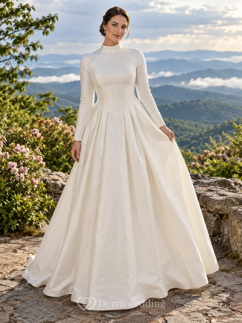 Vestido de novia sencillo de manga larga, cuello alto y tafetán liso hasta el suelo.