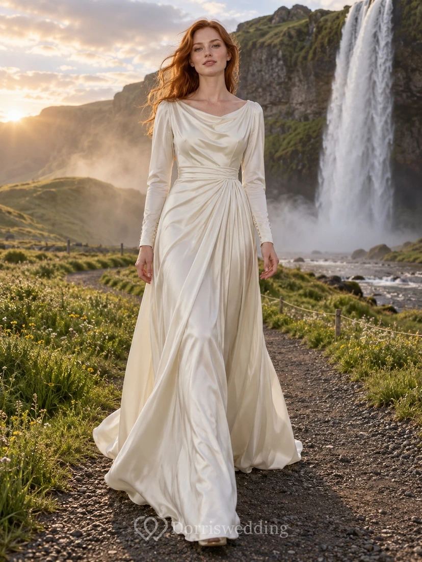 Sencillo vestido de novia de charmeuse con mangas largas, cuello drapeado, cintura fruncida y drapeado lateral.