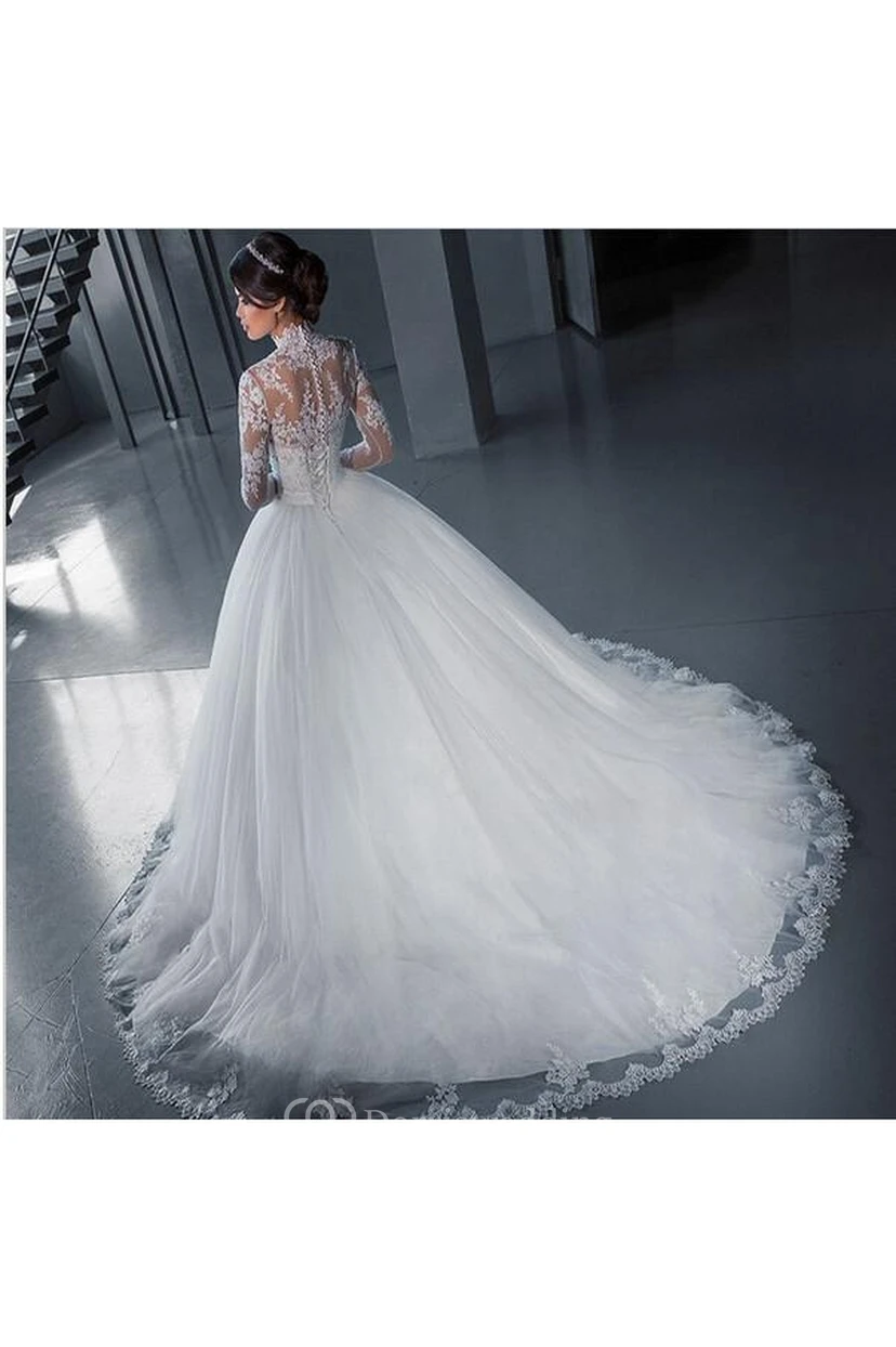 Modern High Neck Lace Appliques Wedding Dress Ball Gown Long Sleeve view 3