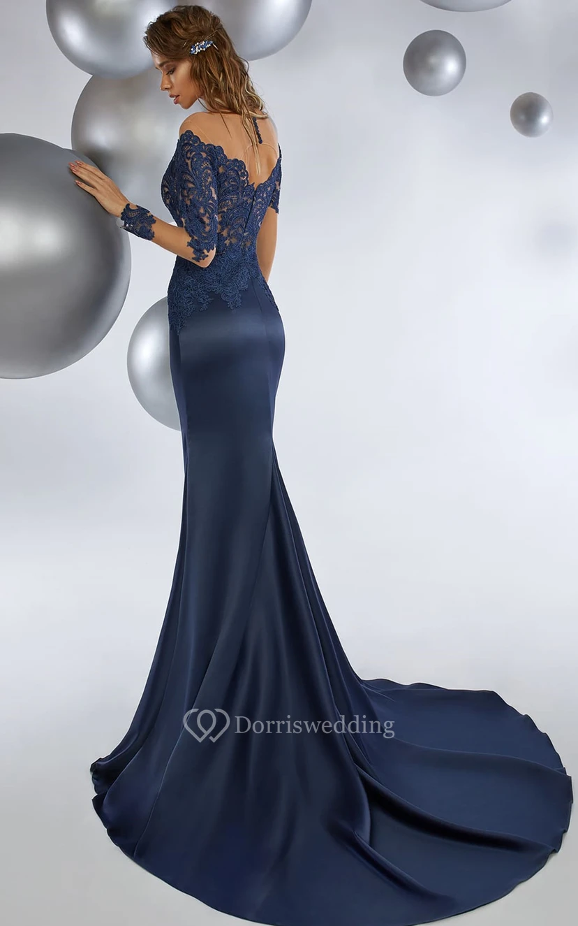 Sexy V-neck Mermaid Satin and Lace Sweep Train Prom Dress with Appliques view 2