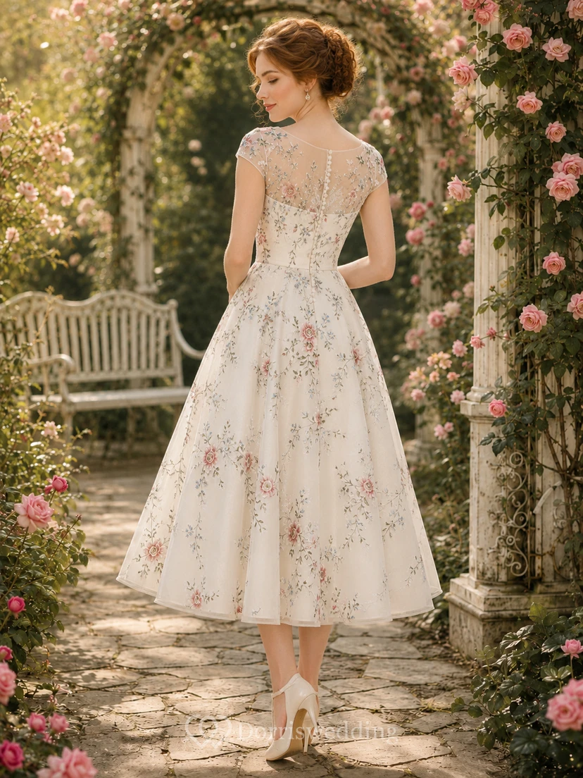 Vestido de novia de largo midi con escote ilusión y bordados florales, estilo jardín. view 2