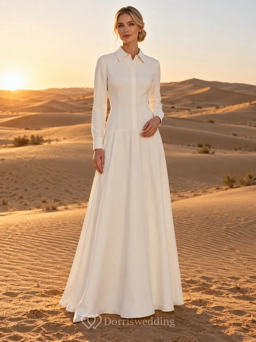 Simple Casual Long Sleeve Collared Button Front Dropped Waist A Line Wedding Dress