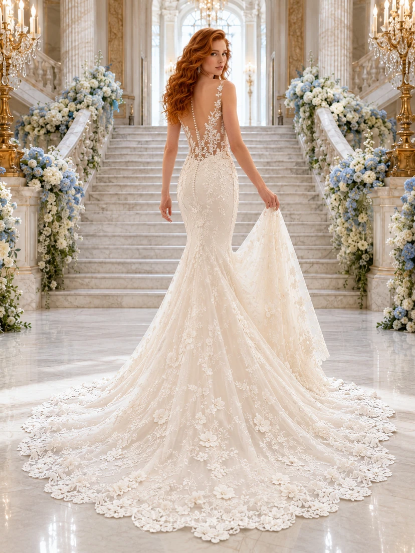Vestido de novia de salón de baile con cola larga y apliques florales de espagueti view 2