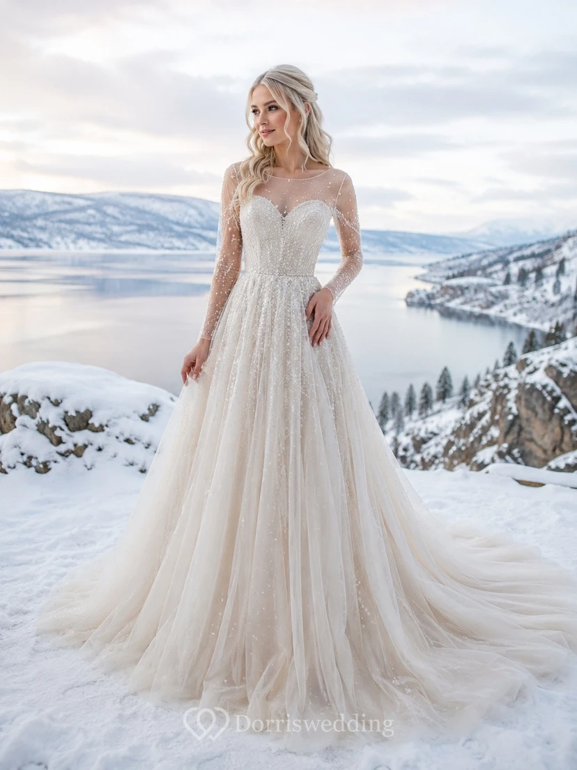Vestido de novia de invierno estilo bohemio con tirantes, sin mangas, de tul y cola larga.