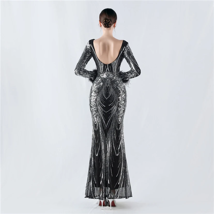 Robe de soirée haut de gamme ornée de perles florales fixes et de poils d'autruche, hôte de la réunion annuelle d'hiver view 24