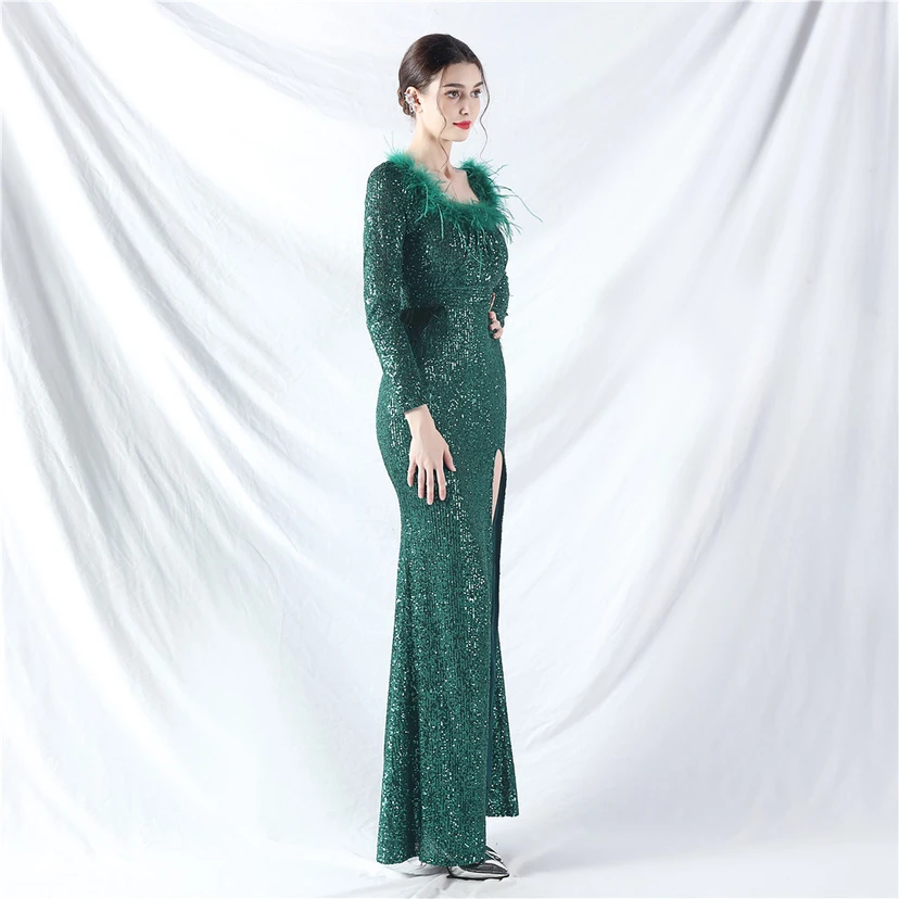 Craft-Made Ostrich Feather Long-Sleeved Beads Evening Dress view 36