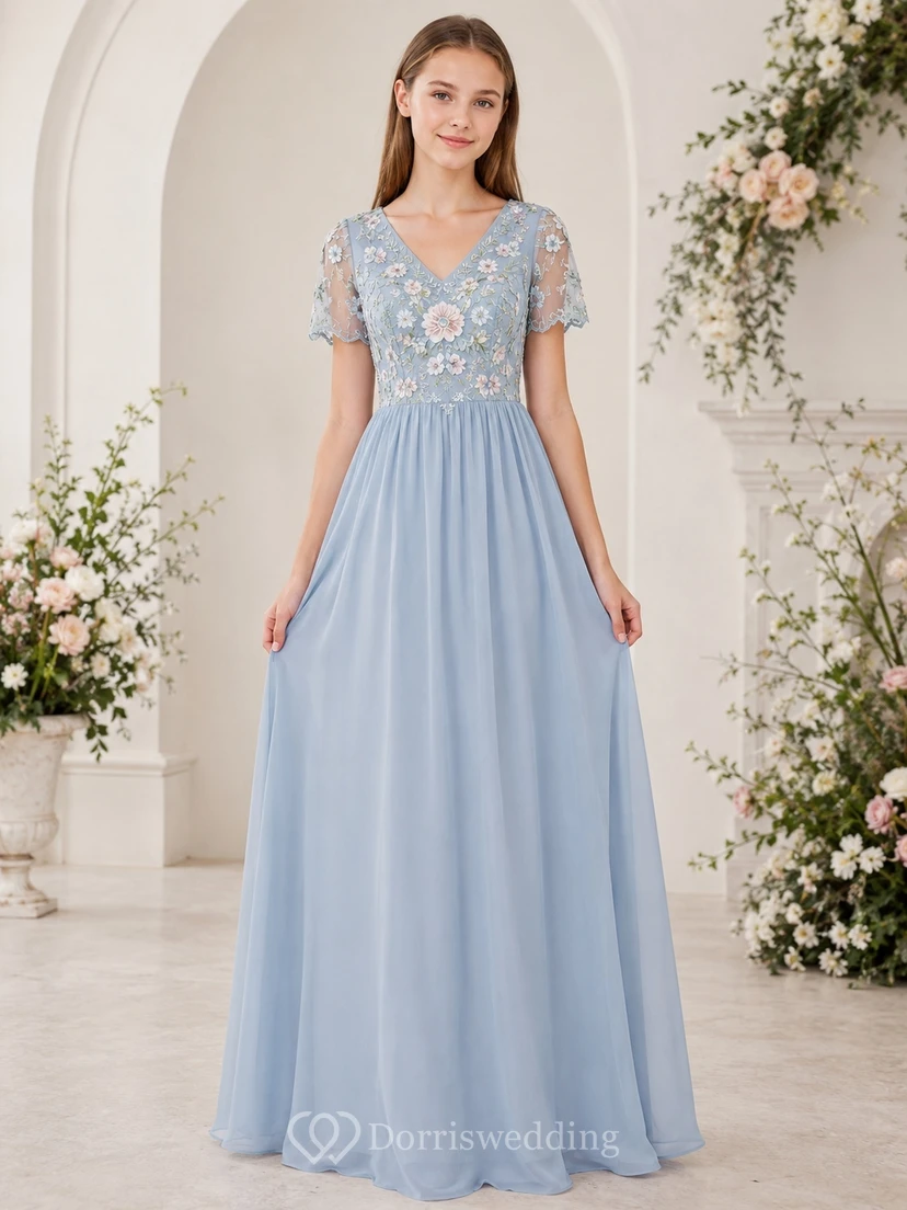 Himmelblaues Brautjungfernkleid für junge Mädchen, A-Linie, V-Ausschnitt, kurze Ärmel, Illusion-Spitze, Chiffon, besticktes Oberteil, romantisch