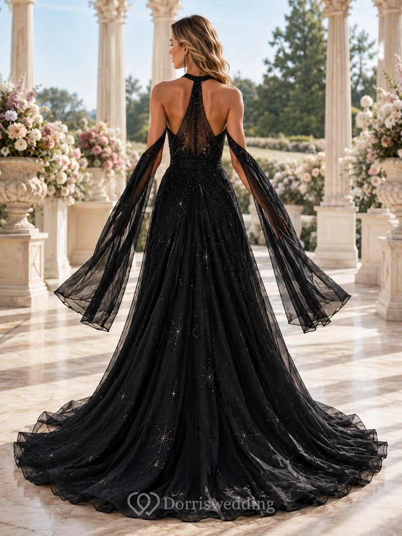 Black Tulle V-Neck Sequined Mermaid Sweep-Train Evening Gown view 2
