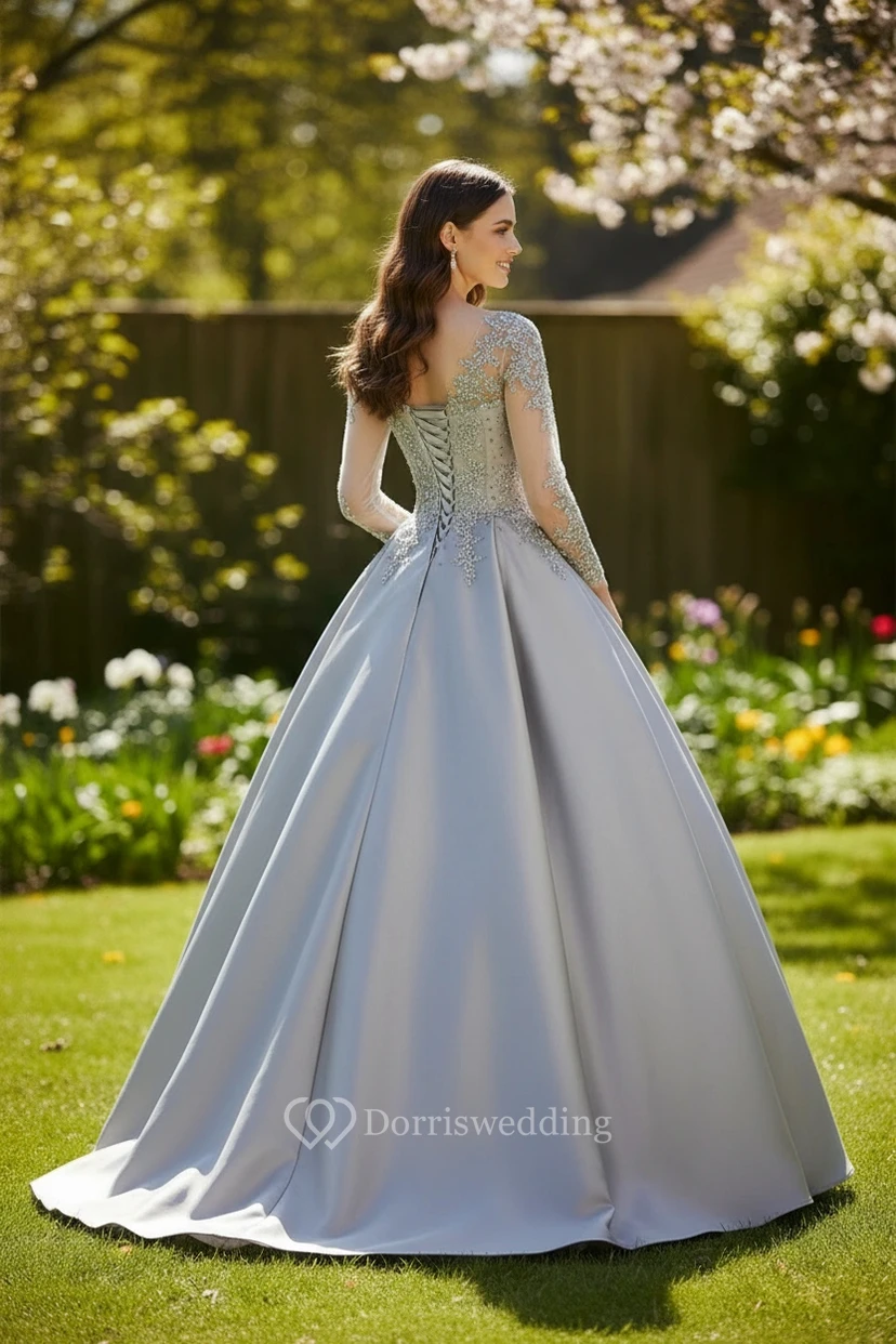 Robe illusion en dentelle royale et satin view 2