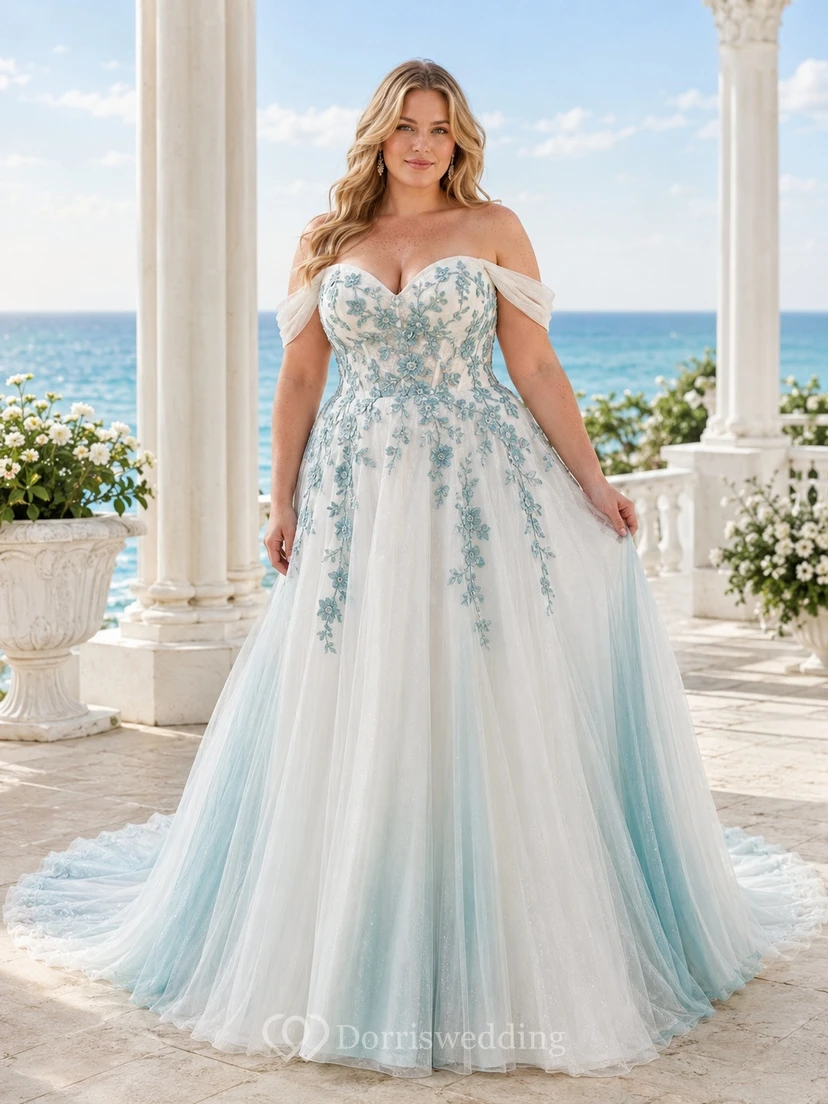 Türkisfarbenes, elegantes Brautkleid in Übergröße, A-Linie, schulterfrei, aus Tüll mit floralem Saum