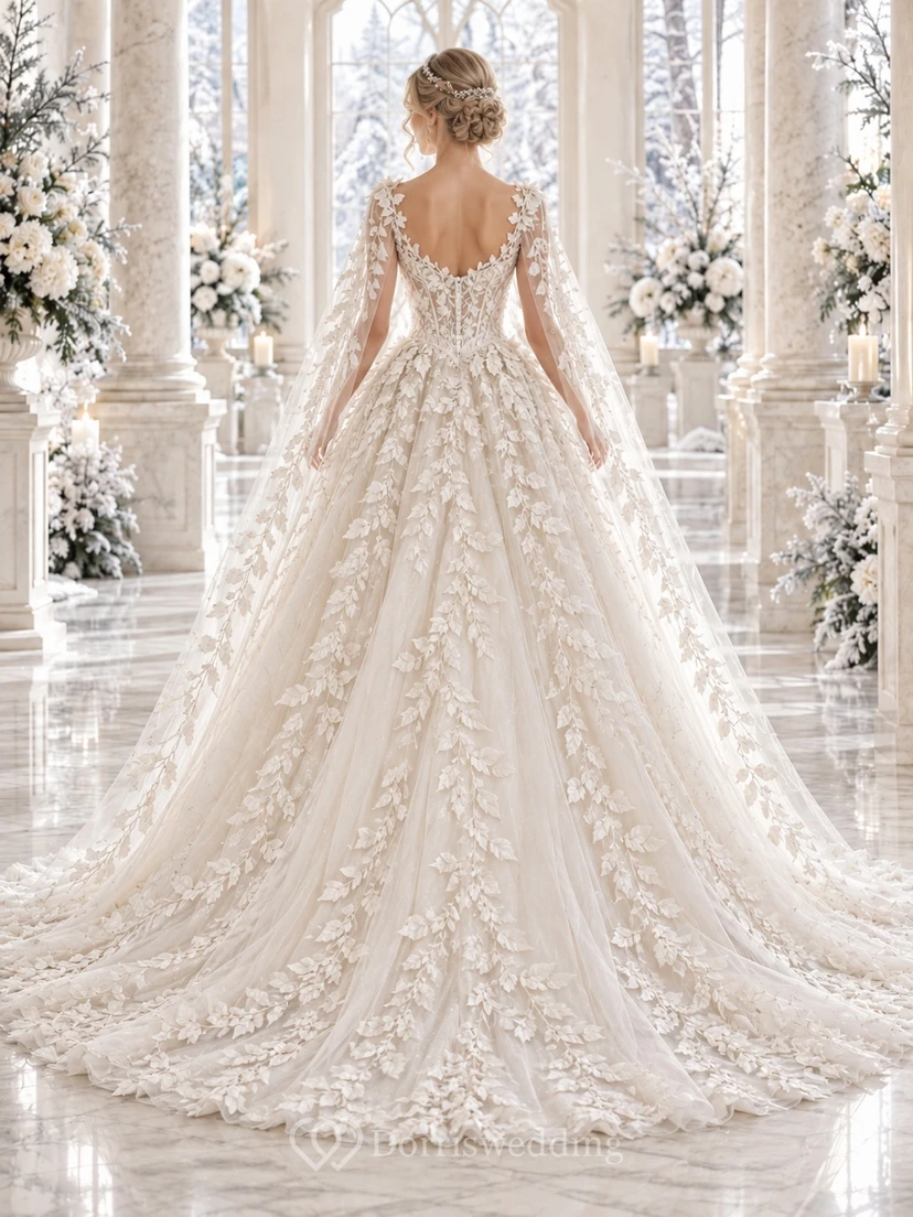 Vestido de novia de gala con capa de tul y encaje denso de hojas, estilo "Winter Sweetheart" view 2