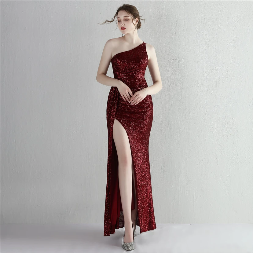 Sequined One-Shoulder Celebrity Cold Banquet Slit Long Sequin Aura Queen Dinner Fishtail Dress view 21