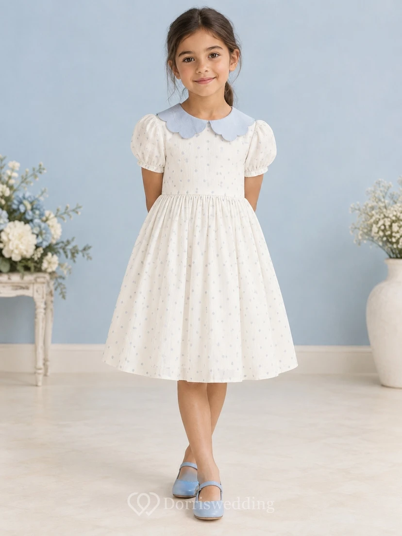 Modest Ivory Blue Dotted Tea-length Broad Collar Rounded Puff Sleeve Flower Girl Dress