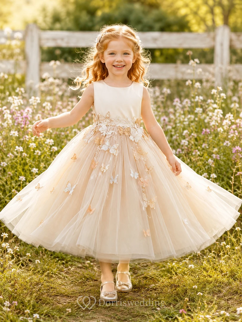 Champagne Flower Girl Dress with Jewel Neck Satin Bodice, Butterfly Applique Waist and Tea-Length Tulle Ball Gown Skirt