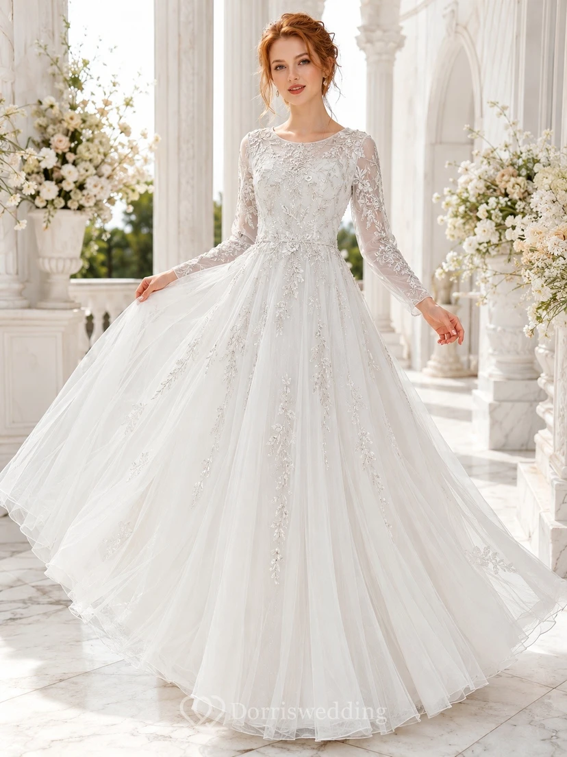 Romantic Bridal Lace Off-the-shoulder Long Sleeve Ball Gown Chapel Train