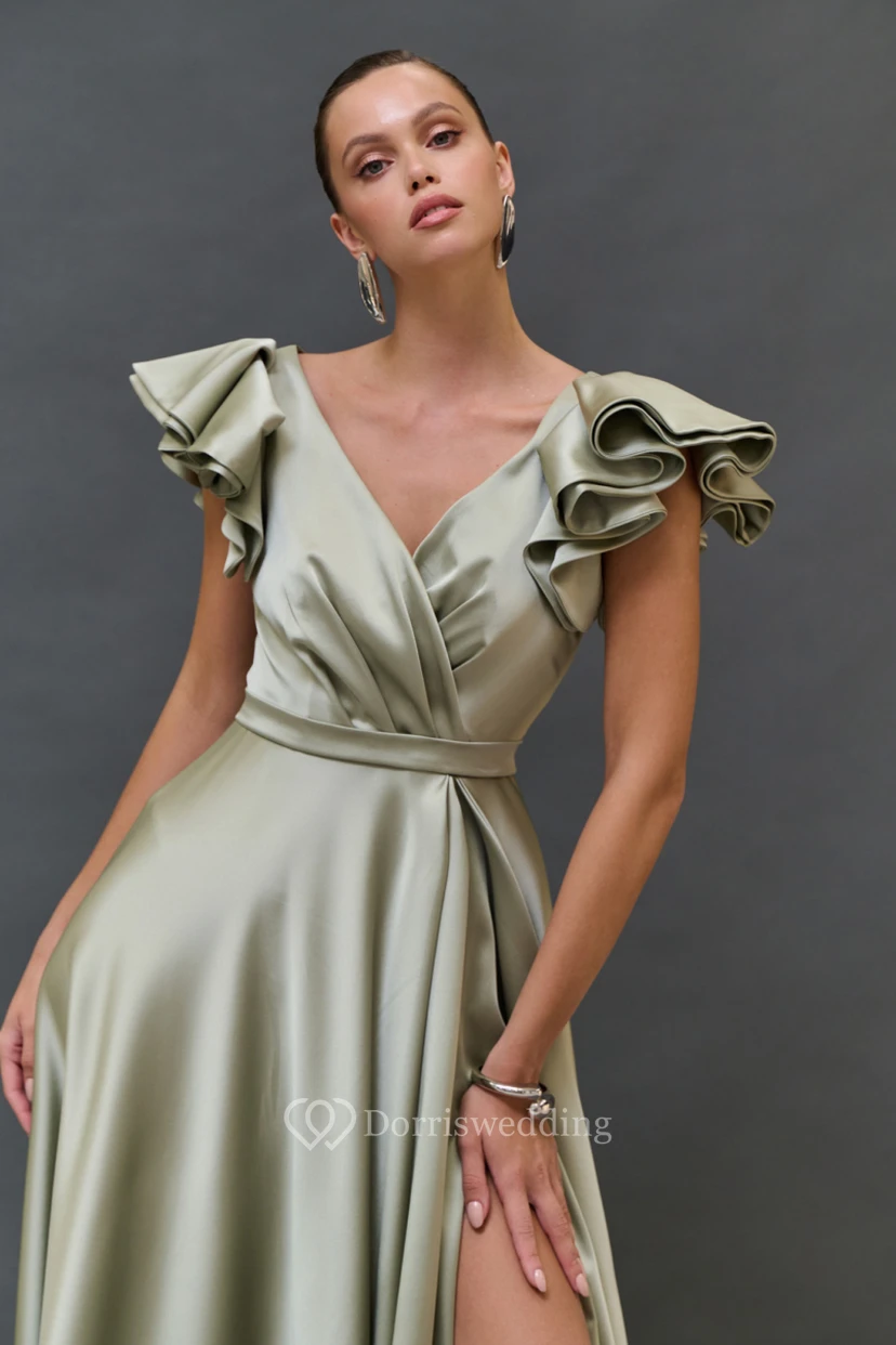 Satin Green Cap Criss-cross Floor-length Dress view 3