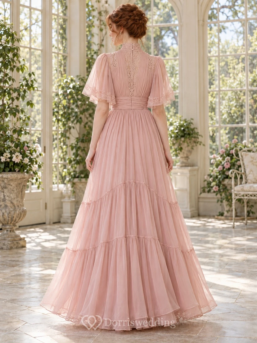 Vintage Edwardian High Neck Dusty Rose Flutter Sleeve Tiered Chiffon Dress view 2
