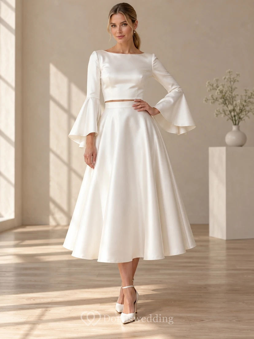 Tea-length Two Piece Boat Neck Bell Sleeve Satin Wedding Dress