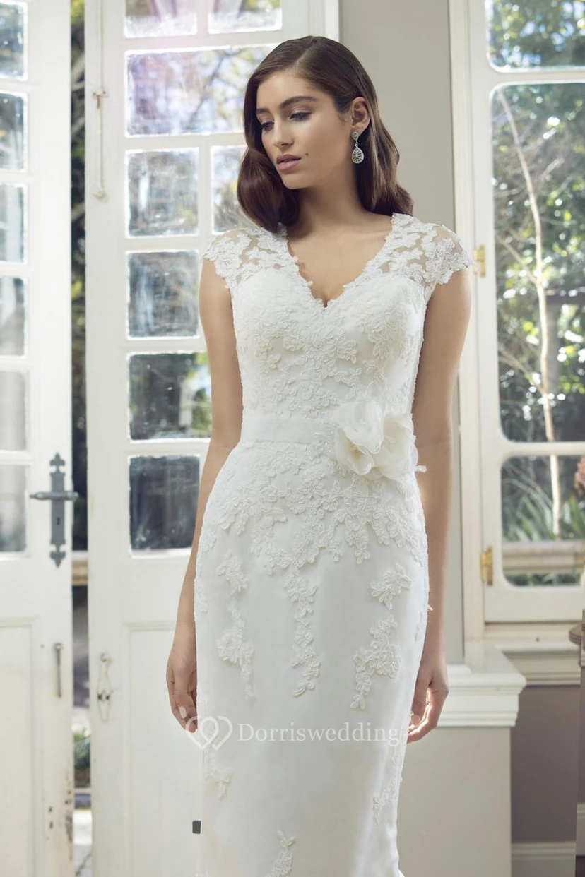 Sheath Cap-Sleeve V-Neck Lace Wedding Dress Styles With Illusion view 3