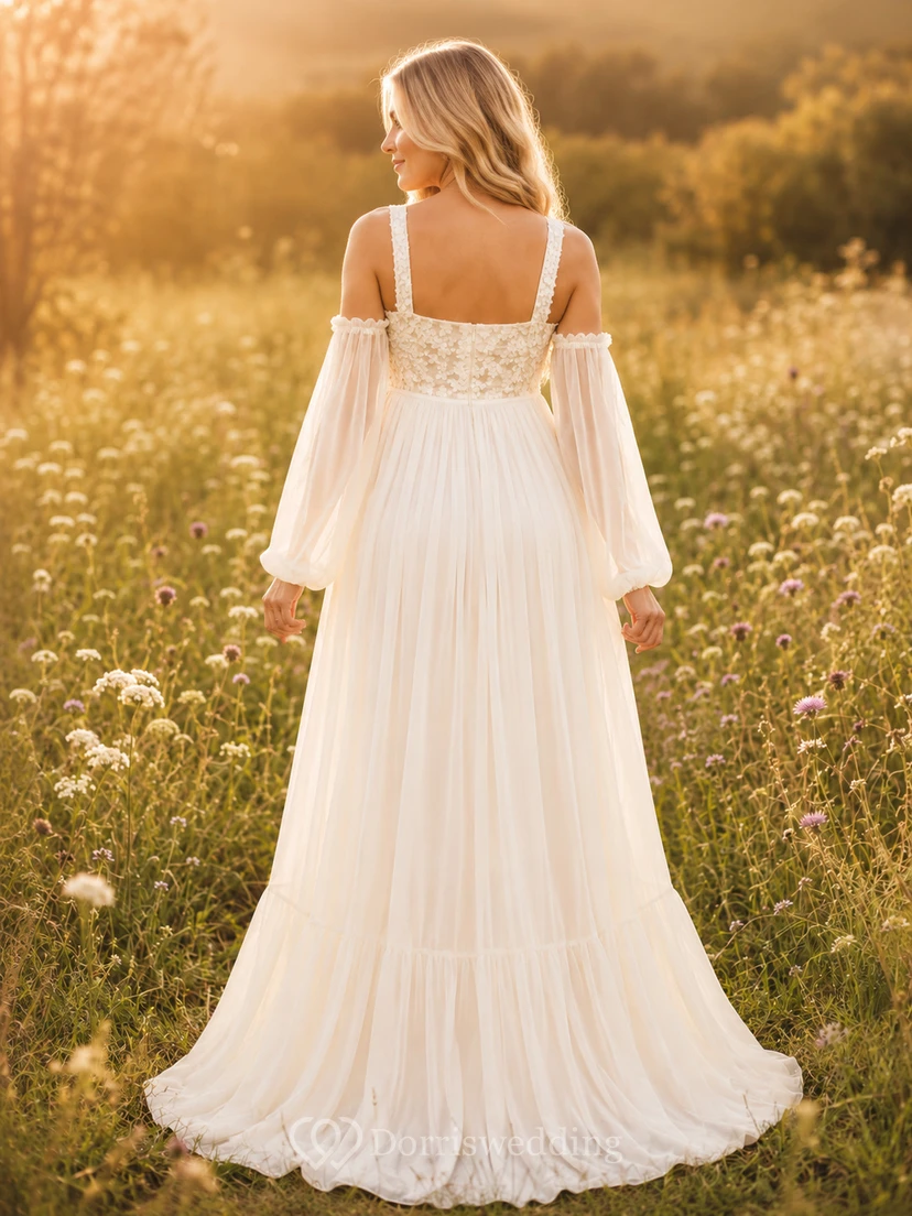 Vestido de novia premamá con escote cuadrado, mangas acampanadas desmontables y corte en A, estilo campestre. view 2