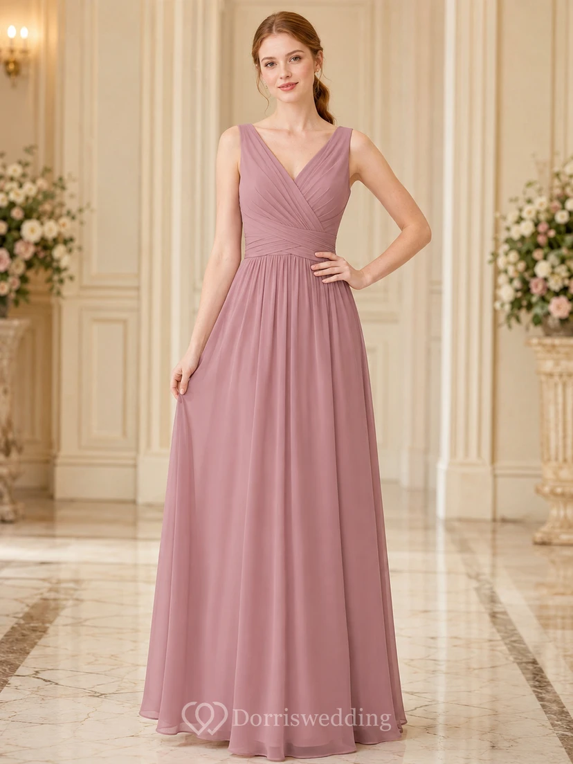 Robe de demoiselle d'honneur junior rose poudré à col en V sans manches
