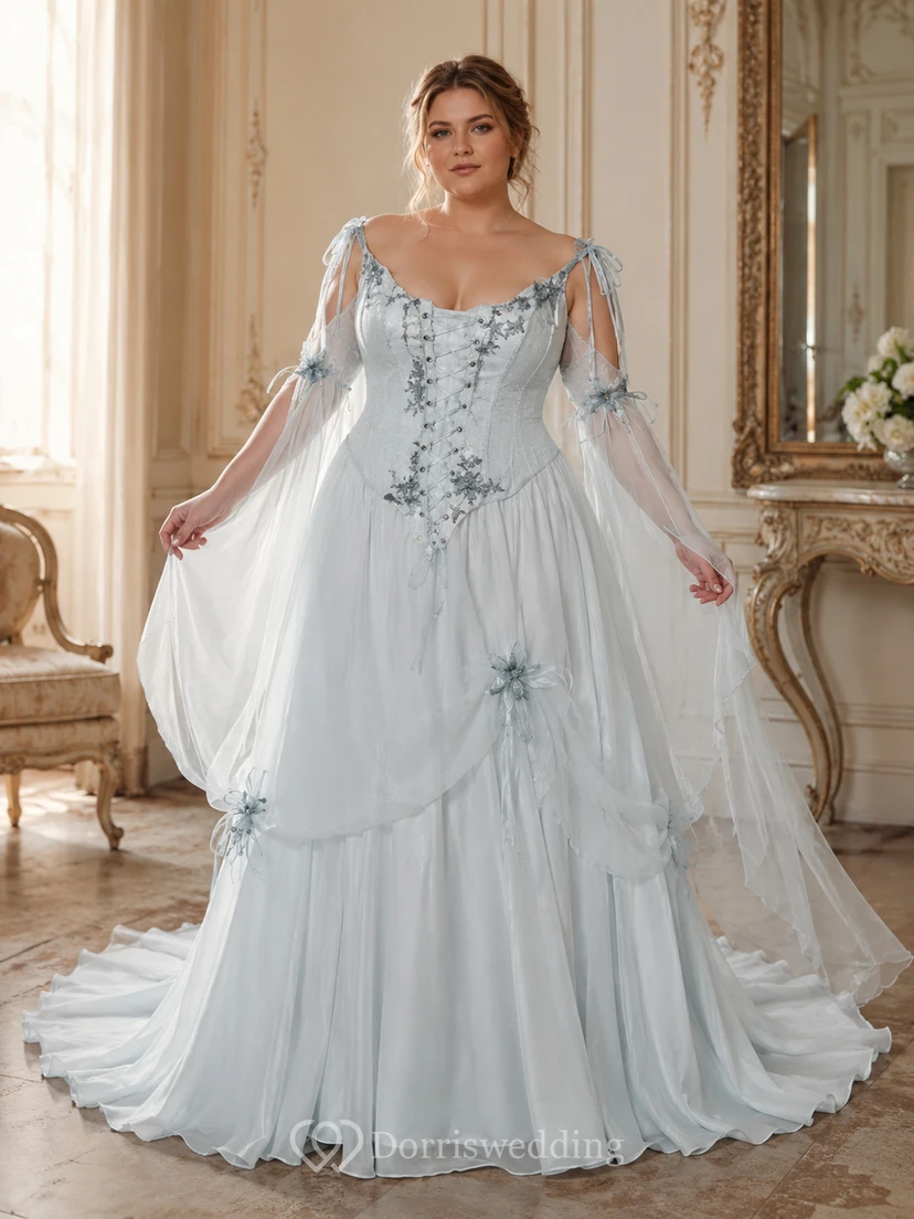 Robe de bal en mousseline de tulle, coupe trapèze, longueur au sol, traîne courte, manches longues et laçage au dos. view 4