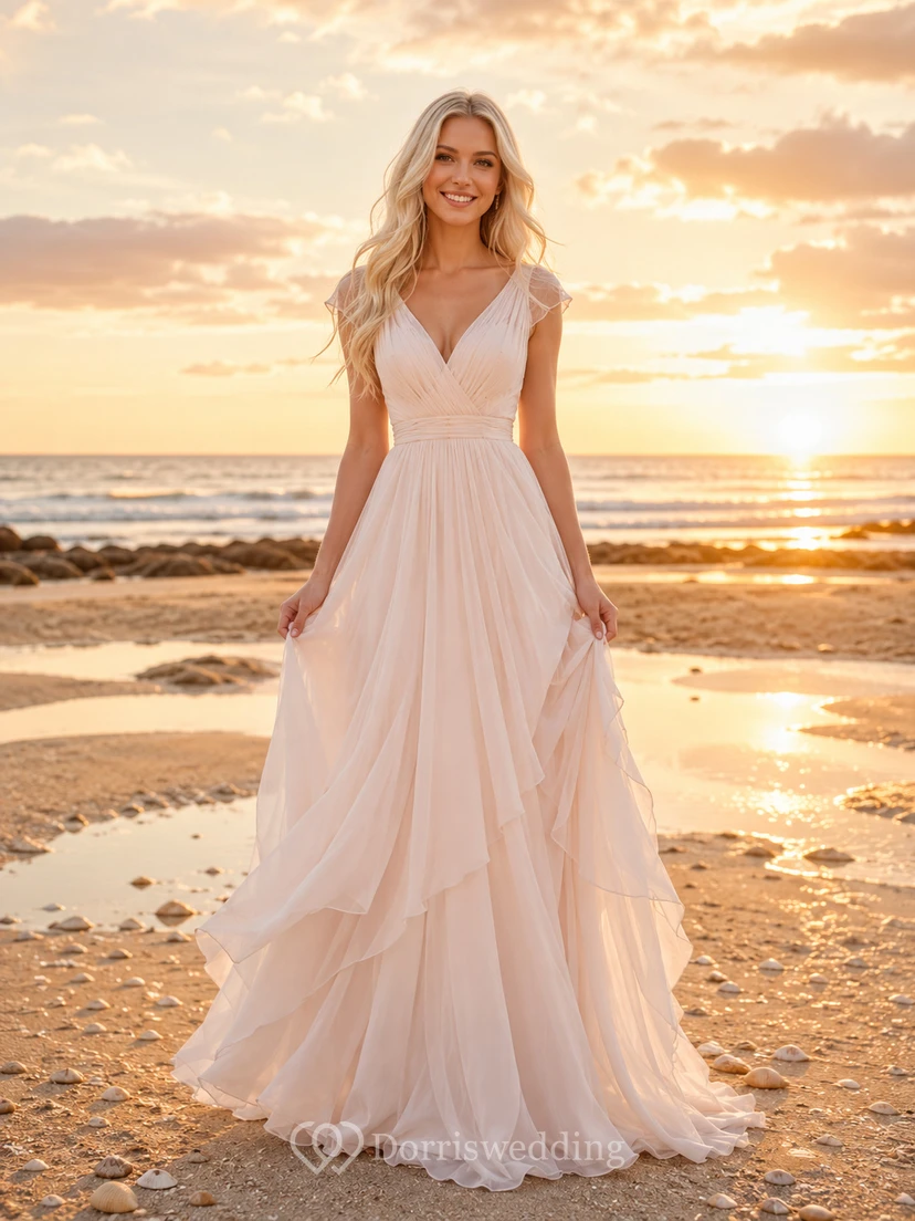 V Neck Draped Chiffon Beach Bridal A Line Gown